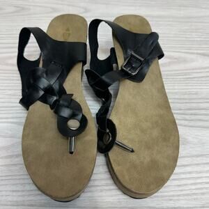 Jolimall Wedge Sandals Black Tan SZ 8 Braided Strap Thong Platform Boho Casual